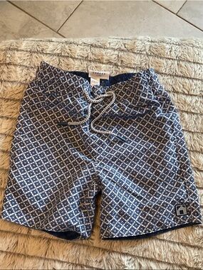 Cabana Life Blue and White Diamond-Print Swim Shorts